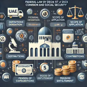 An infographic that visually summarizes the key aspects of UAE’s Federal Law by Decree No. (57) of 2023 concerning Pension and Social Security. The image includes sections on definitions, scope of application, contributions, pension entitlement, and compliance, using icons such as a government building, a scale for justice, a coin stack for contributions, and a shield for protection. The design is professional and uses colors like dark blue, white, and gold to reflect the official and authoritative nature of the law.