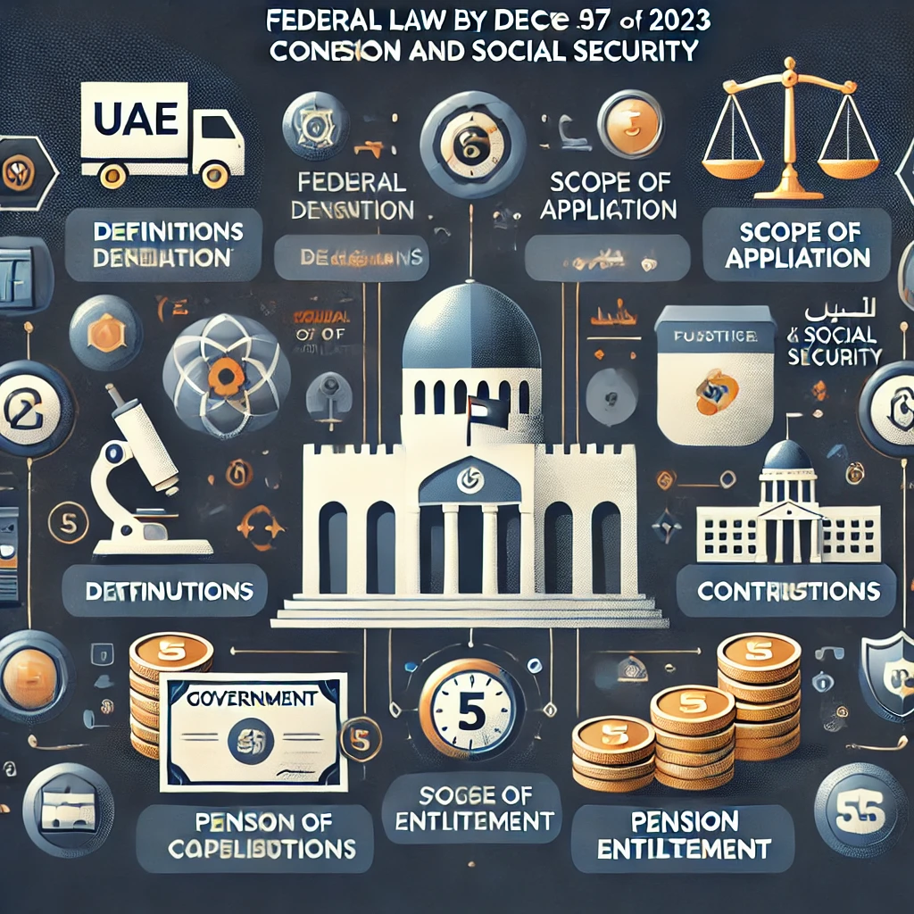 An infographic that visually summarizes the key aspects of UAE’s Federal Law by Decree No. (57) of 2023 concerning Pension and Social Security. The image includes sections on definitions, scope of application, contributions, pension entitlement, and compliance, using icons such as a government building, a scale for justice, a coin stack for contributions, and a shield for protection. The design is professional and uses colors like dark blue, white, and gold to reflect the official and authoritative nature of the law.