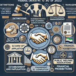 An infographic that visually summarizes the key aspects of UAE’s Federal Decree by Law No. (50) of 2023 concerning the Regulations of Public Welfare Associations. The image includes sections on definitions, scope of application, establishment and licensing, management, financial compliance, and prohibitions, using icons such as a gavel, a handshake for collaboration, a money bag for finances, and a shield for protection. The design is professional, modern, and uses colors like dark blue, white, and gold to reflect the official nature of the law.