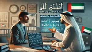 HR manager in UAE explains gratuity calculation with documents and a formula on a laptop screen.