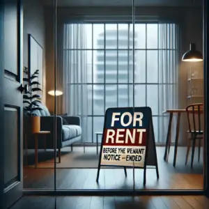 An empty apartment with a 'For Rent' sign visible through the window, reflecting the situation where the tenant left before the eviction notice period ended, and the landlord is preparing to re-rent the property.