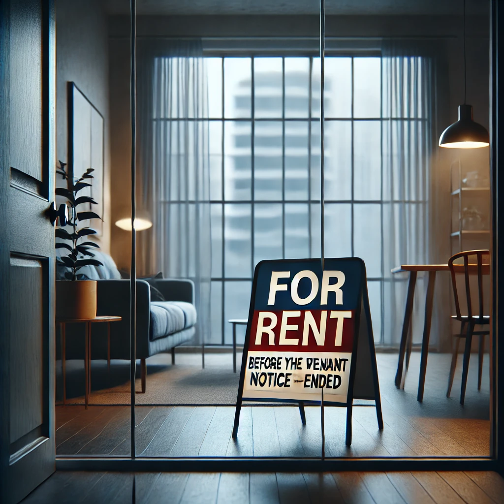 An empty apartment with a 'For Rent' sign visible through the window, reflecting the situation where the tenant left before the eviction notice period ended, and the landlord is preparing to re-rent the property.