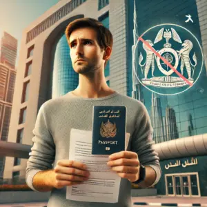 A detailed scene showing a father holding legal documents, standing outside a courthouse in the UAE, with an illustration of a passport and travel ban symbol. The background reflects a modern cityscape with elements of Dubai, including recognizable landmarks like the Burj Khalifa. The father’s expression shows concern and determination, symbolizing the legal process of protecting children from international travel without consent.