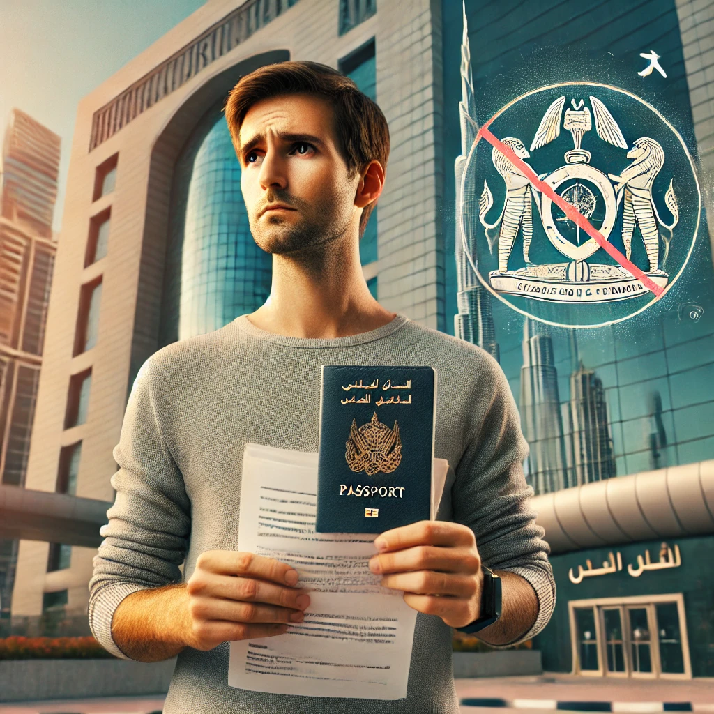 A detailed scene showing a father holding legal documents, standing outside a courthouse in the UAE, with an illustration of a passport and travel ban symbol. The background reflects a modern cityscape with elements of Dubai, including recognizable landmarks like the Burj Khalifa. The father’s expression shows concern and determination, symbolizing the legal process of protecting children from international travel without consent.