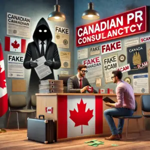 Fraudulent immigration consultancy in the UAE offering fake Canadian PR promises, with anxious customers and a shadowy figure behind the desk.