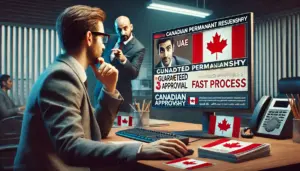 Professional office setting in the UAE with a person reviewing a suspicious Canadian residency offer on screen.