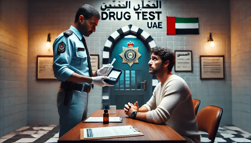 UAE police officer holds a drug test kit, confronting a defiant man refusing to comply in interrogation.