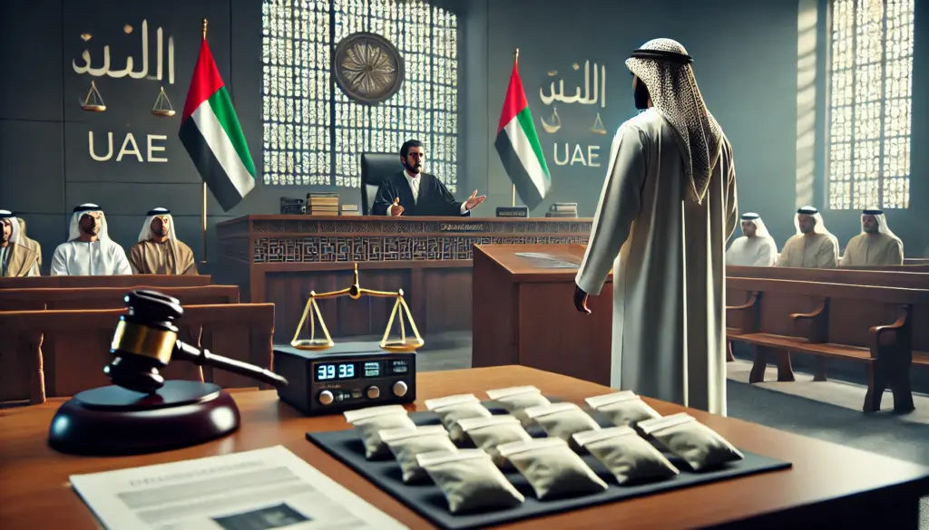 A UAE courtroom scene with a judge delivering a verdict on a drug possession case, evidence visible on a table.