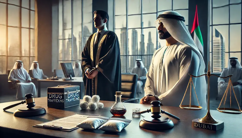 Dubai courtroom with a judge, a defendant in handcuffs, and evidence bags displayed during a drug trafficking trial.