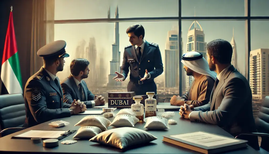 Dubai officers presenting confiscated narcotics and explaining drug laws, with the city skyline visible