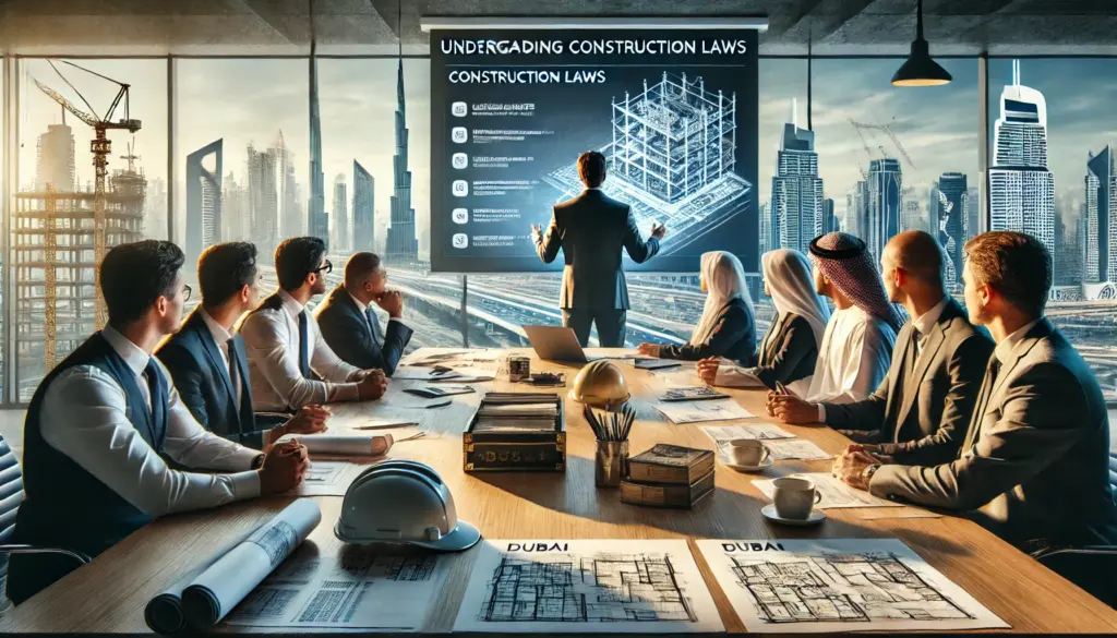 Contractors in Dubai learn construction laws with blueprints and guidelines in a formal meeting.