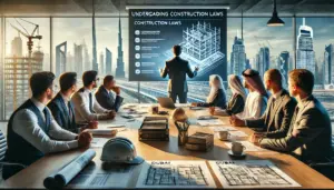 Contractors in Dubai learn construction laws with blueprints and guidelines in a formal meeting.