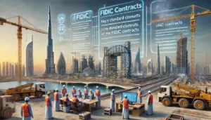 UAE construction site with experts reviewing FIDIC contracts
