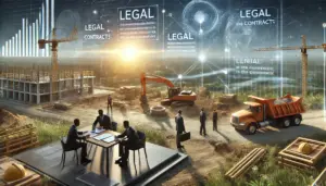 Construction site with legal professionals discussing challenges.