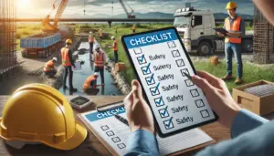 Construction manager with checklist on-site ensuring compliance.