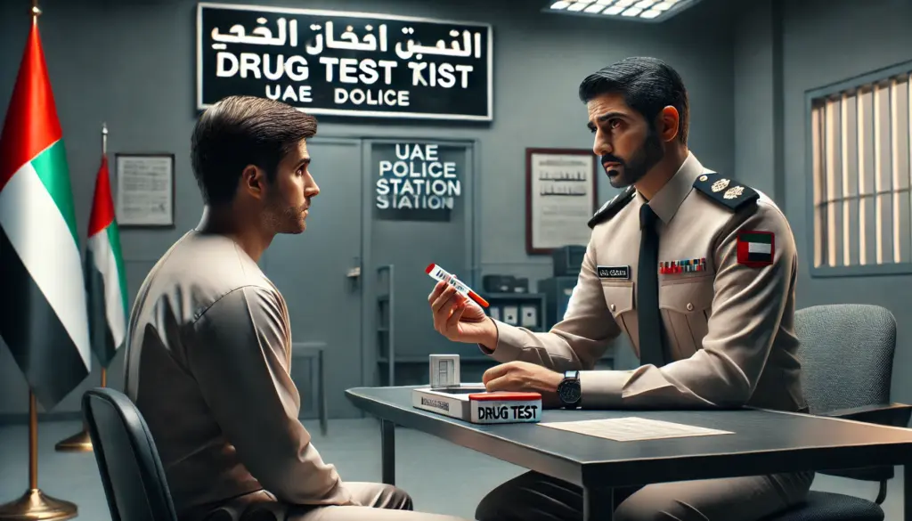 A UAE police officer holds a drug test kit, speaking to a distressed man in an interrogation room.
