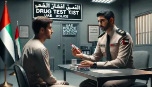 A UAE police officer holds a drug test kit, speaking to a distressed man in an interrogation room.