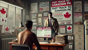 A skeptical individual meets with an immigration consultant offering questionable Canadian PR promises in the UAE.