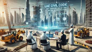 UAE construction site with legal advisors reviewing Civil Code