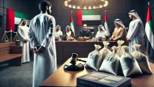 UAE courtroom with a defendant in handcuffs, evidence bags of narcotics, and a judge delivering a verdict.