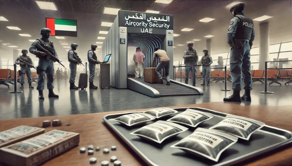 UAE airport officers inspect luggage, detaining a man over narcotic substances in strict enforcement.