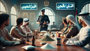 UAE police station with officers displaying confiscated narcotics and explaining penalties for possession and use.