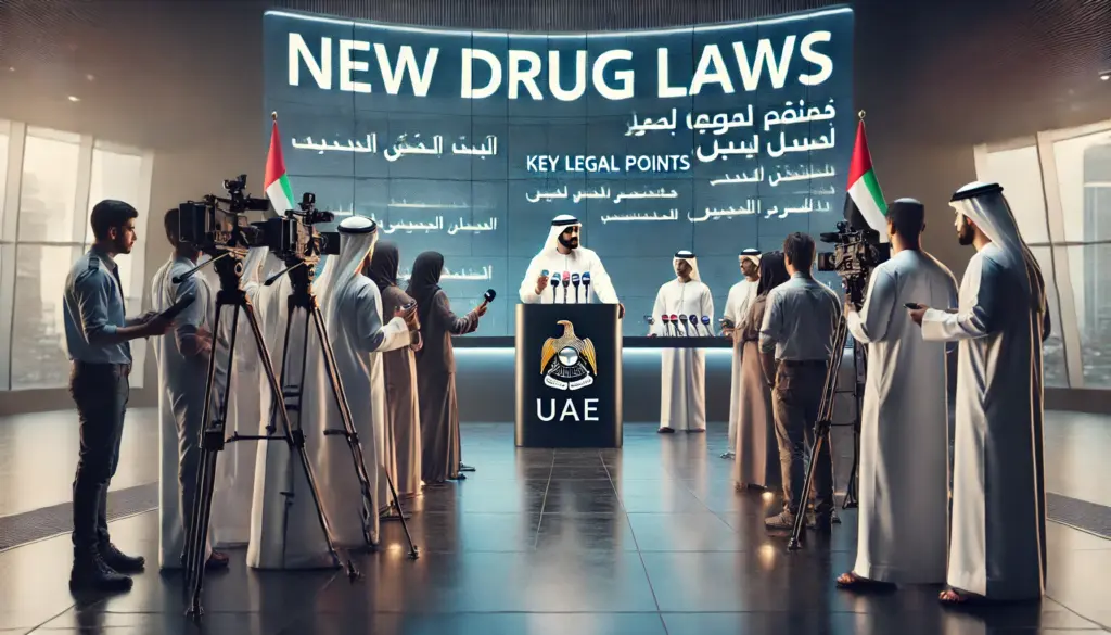 UAE official announces new drug laws at a press conference with journalists and key legal points displayed.