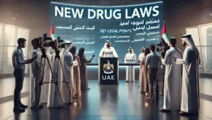 UAE official announces new drug laws at a press conference with journalists and key legal points displayed.