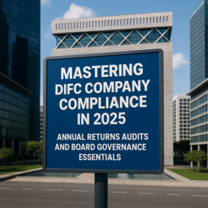 DIFC company professionals reviewing compliance calendar in modern UAE boardroom.