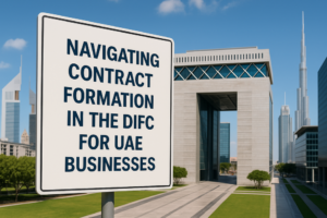 Business professionals reviewing a DIFC legal contract with modern digital tools in Dubai