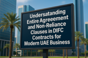 Legal consultant reviewing entire agreement and non-reliance clause documents for DIFC compliance