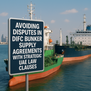 Legal contract with bunker fuel tanker in DIFC, symbolizing UAE law compliance