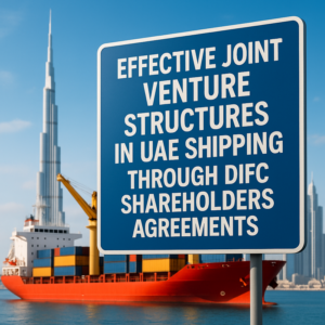Shipping container vessel near Dubai with DIFC skyline in background