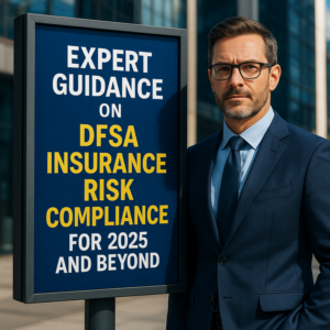 Professional legal consultant advising on DFSA insurance compliance in UAE office setting.