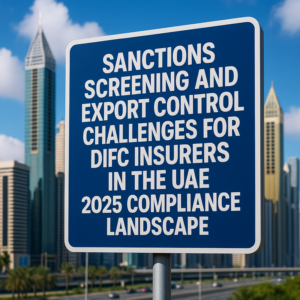 DIFC insurer compliance workflow illustrating sanctions screening and export control steps