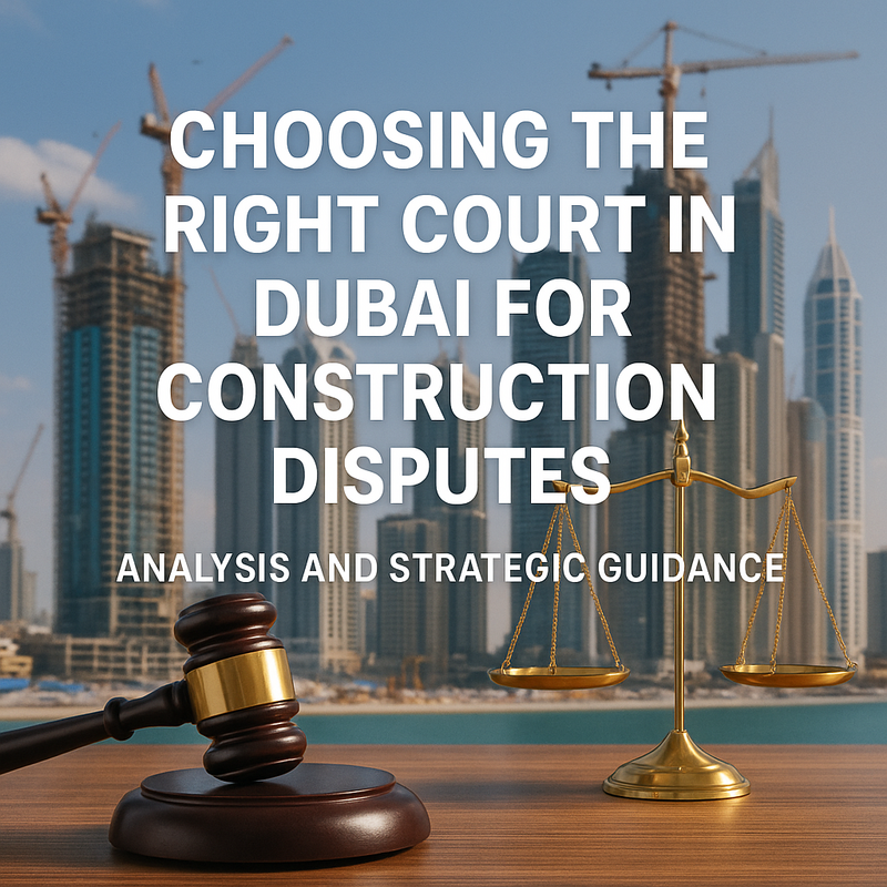 Flow diagram showing construction dispute resolution paths in DIFC and Onshore Dubai Courts, UAE.