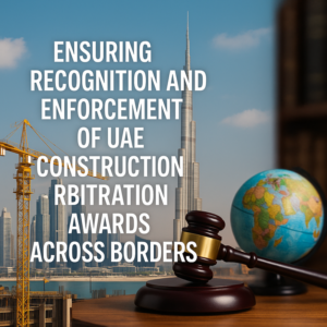 Process flowchart illustrating stages for enforcing UAE construction arbitration awards across borders.