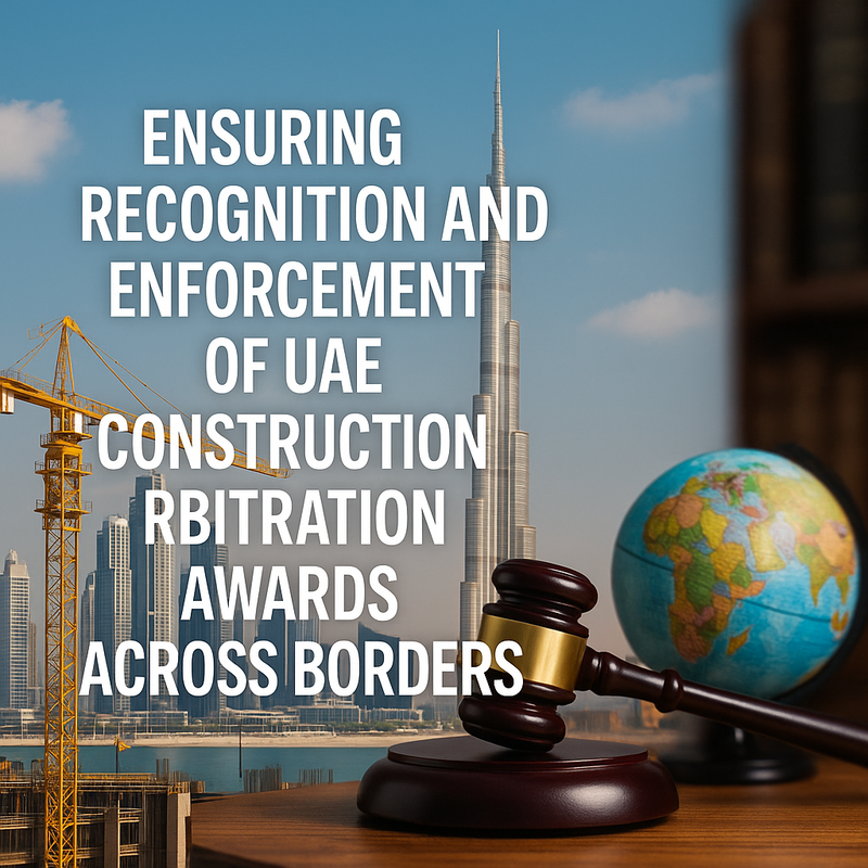 Process flowchart illustrating stages for enforcing UAE construction arbitration awards across borders.