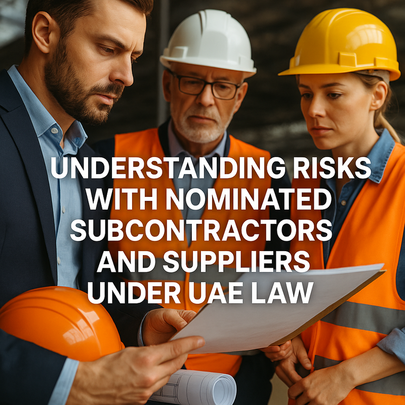 Construction project team reviewing contracts with nominated subcontractors in UAE