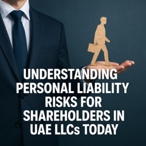 Two businesspeople reviewing UAE company law compliance documents.