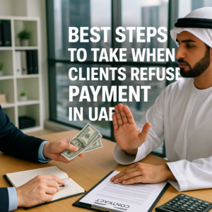 Legal consultant reviewing unpaid invoice documents with UAE law books visible.