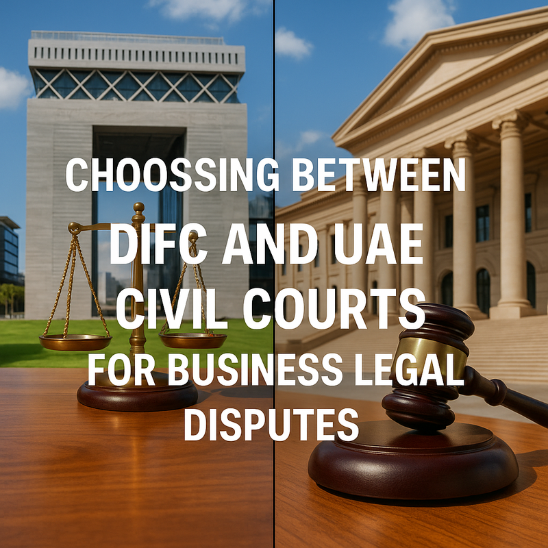 Courtroom with DIFC and UAE Civil Courts symbols, highlighting legal choices for businesses