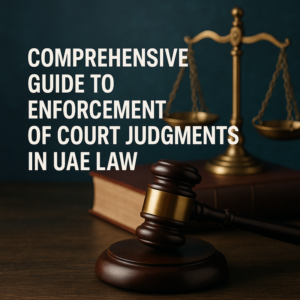 UAE courthouse with legal documents and digital enforcement icons
