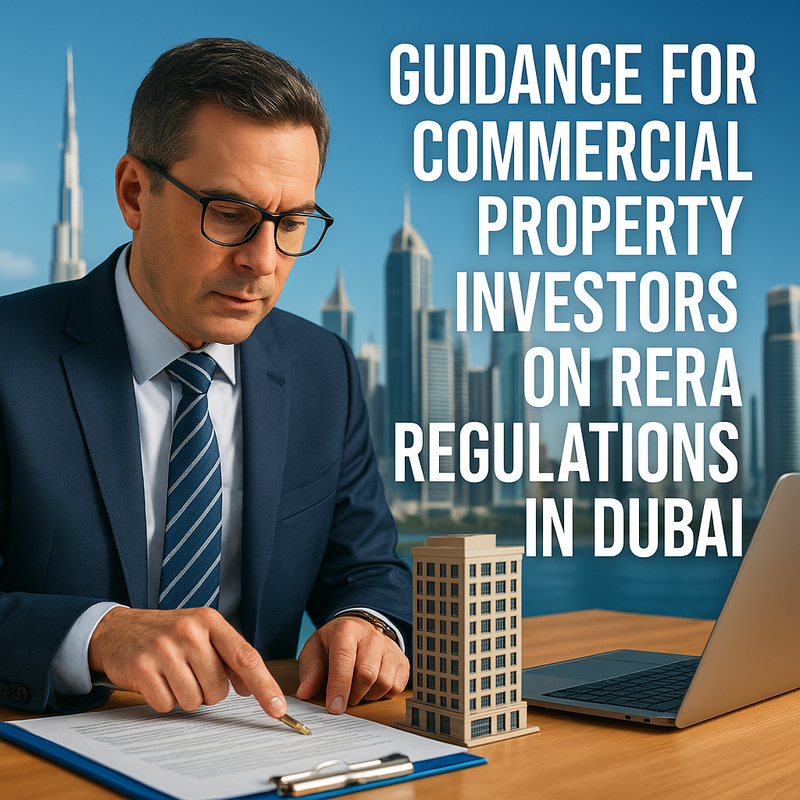 A legal advisor reviews Dubai commercial property regulations with business clients.