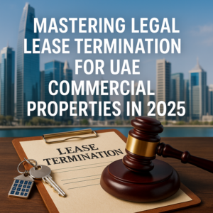 Professional businesspeople reviewing commercial lease termination documents in UAE office setting