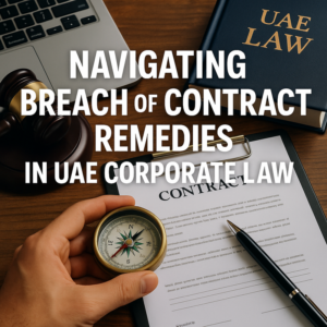 Business professionals in a UAE office reviewing a contract with legal documents on a conference table.