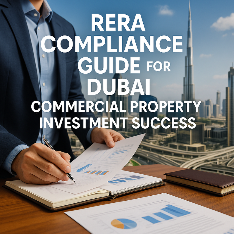 Business professionals reviewing RERA compliance documents for Dubai commercial property investment
