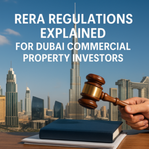 Aerial view of Dubai commercial towers representing regulated property investment.