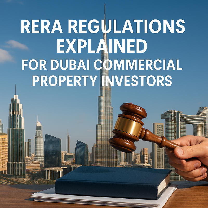 Aerial view of Dubai commercial towers representing regulated property investment.