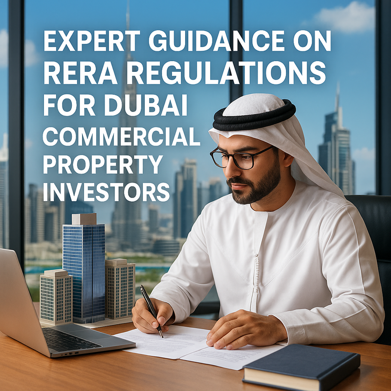 Commercial Dubai skyline with real estate documents and RERA compliance checklist in foreground.